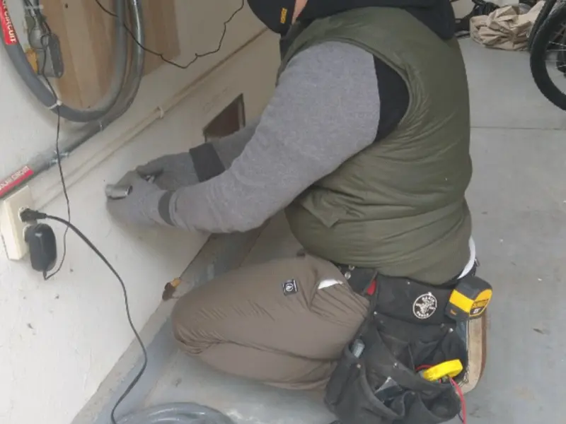 Electrician performing outlet wiring in a SeaTac garage